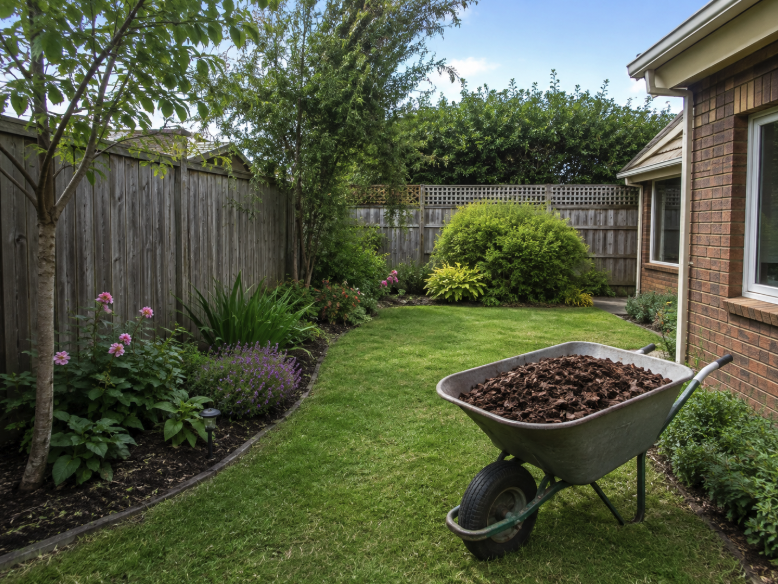 wheelbarrow of bark mulch in a home back garden