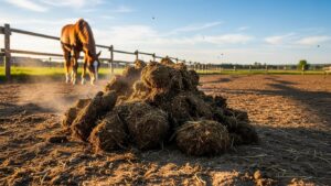 A pile of horse manure with a horse next to it