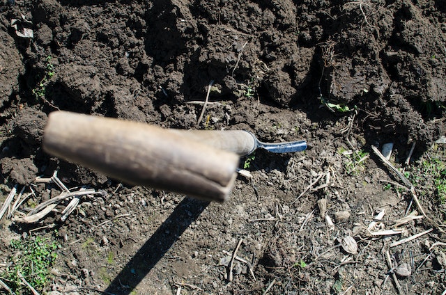 spade dug in soil