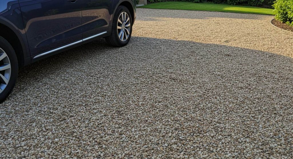 A stone driveway with a car