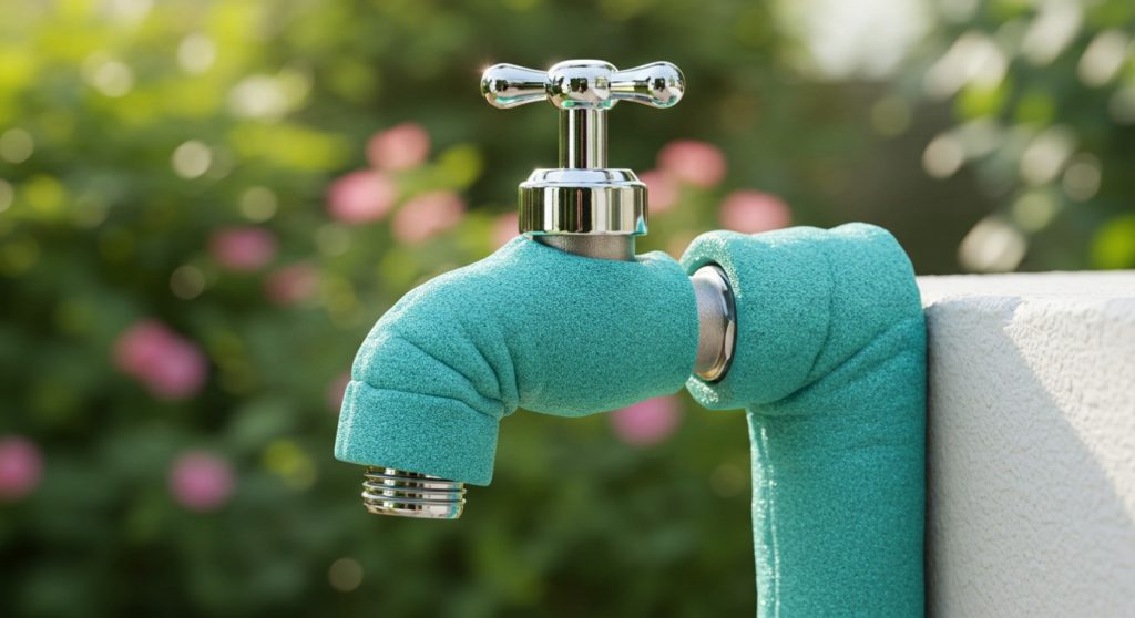 A garden tap covered in green foam insulation