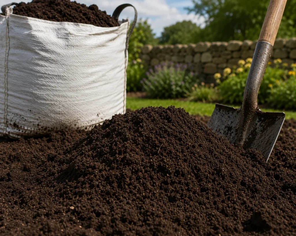 topsoil in salisbury - bag of topsoil and shovel in the ground