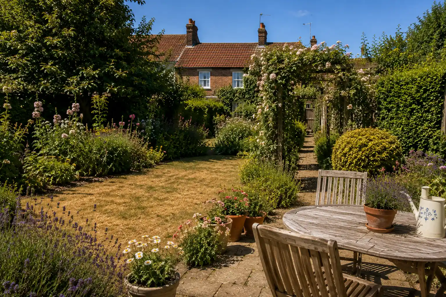 when to water a garden in a heatwave - uk garden in a heatwave